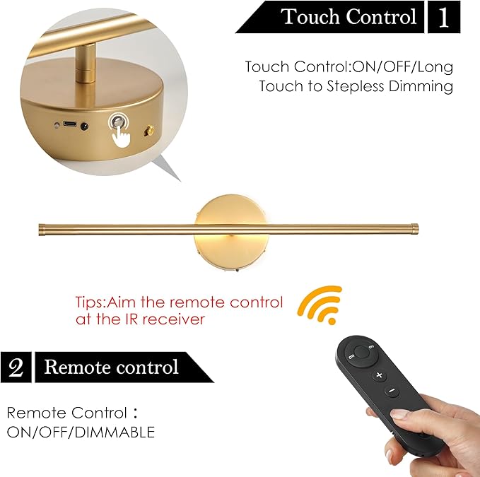 Battery Operated Wall Sconces, Dimmable Wall Sconces Set of Two, 350°Rotate, 3000K LED Gold Wireless Wall Light for Living Room, Bedroom, Hallway, 20.4 Inch (2 Pack)