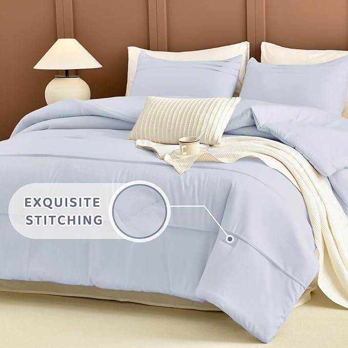 Sanracie Cotton King Comforter Set(106"x 95"),3Pcs Soft Lightweight Pinch Pleated Bedding Set,Cornflower Blue Colored Shabby Boho Chic Aesthetic Bedroom Sets