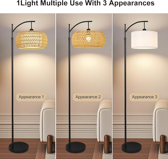 Arc Floor Lamps for Living Room Rattan Boho Floor Lamp with Remote Control,Dimmable LED Floor Lamp Wicker Lamp Shades Black Standing Lamp with 3 Color Temperature Tall Floor Lamps For Bedroom Corner