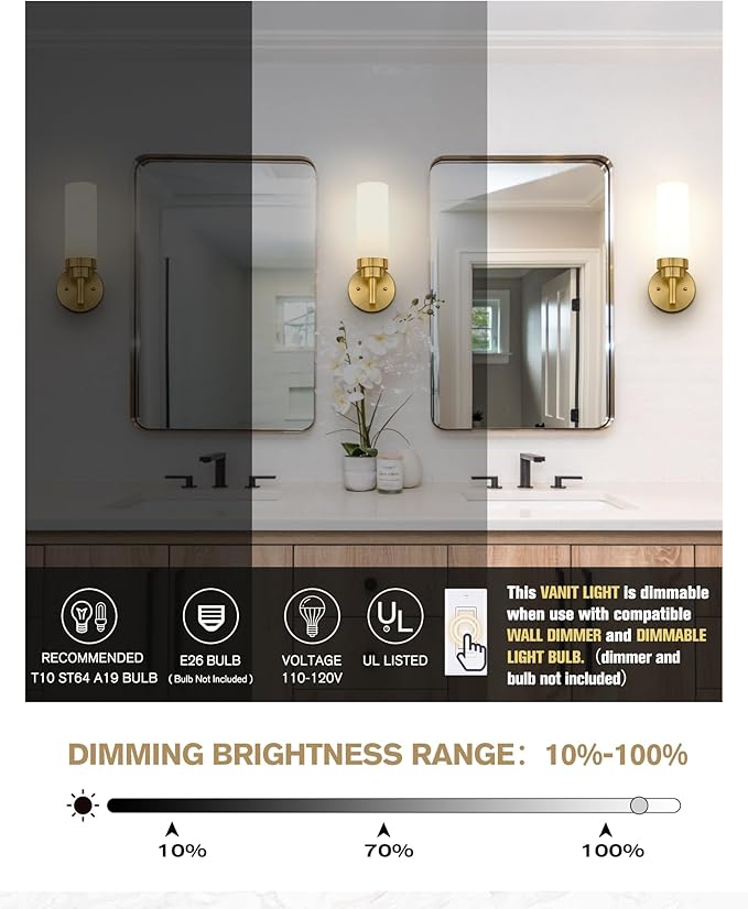 Emak Wall Sconces Set of 2, Modern Brushed Gold Bathroom Vanity Sconce Wall Lighting with Milk Glass Shade for Bathroom, Bedroom, Living Room, Hallway, WS085-BGD-ML-2PK