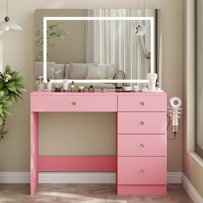 39" Vanity Desk with Mirror and Lights, 5 Drawers Makeup Vanity Desk with Tempered Glass top, 3 Lighting Modes Adjustable Brightness, Pink Vanity with Magnetic 5X Magnifier for Bedroom