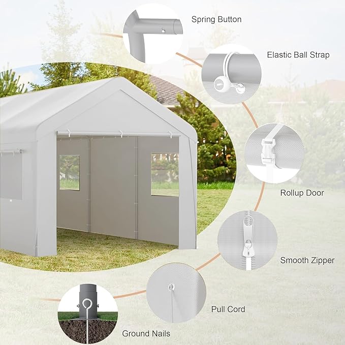 Carport 10x20 Ft, 120 LBS Heavy Duty Car Canopy, Portable Garage with Roll-up Windows and Removable Sidewalls, Car Port for Tractor, Truck, Boat