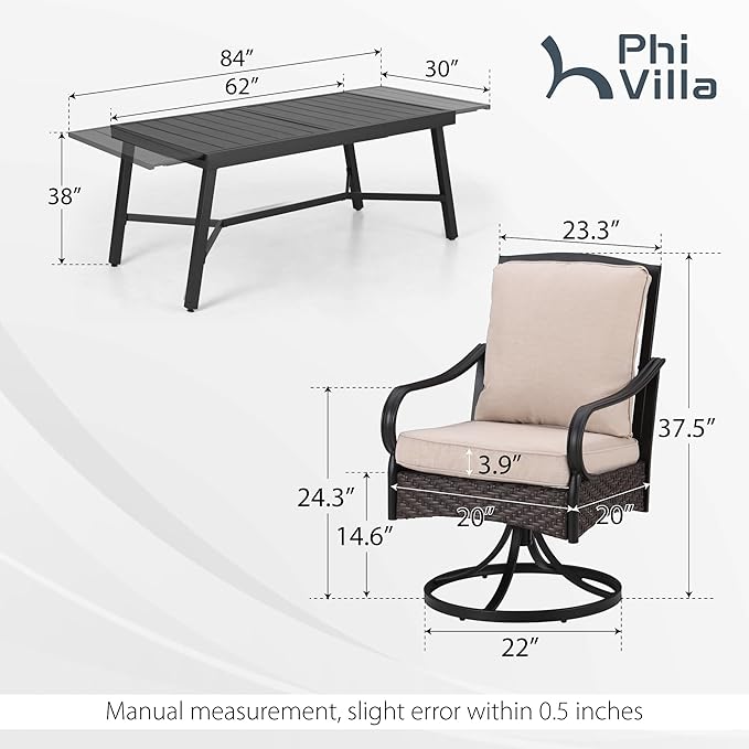 PHI VILLA 7-Piece All-Weather Outdoor Dining Set, Heavy Duty Expandable Metal Table & 6 Swivel Chairs with Cushions, Durable Patio Furniture for Deck, Backyard, Garden