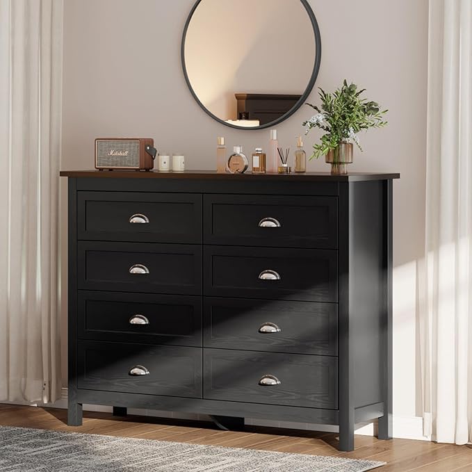 8 Drawer Dresser, Farmhouse Tall Dresser for Bedroom, Antique Black Chest of Drawers, Modern Double Dressers for Bedroom, Closet