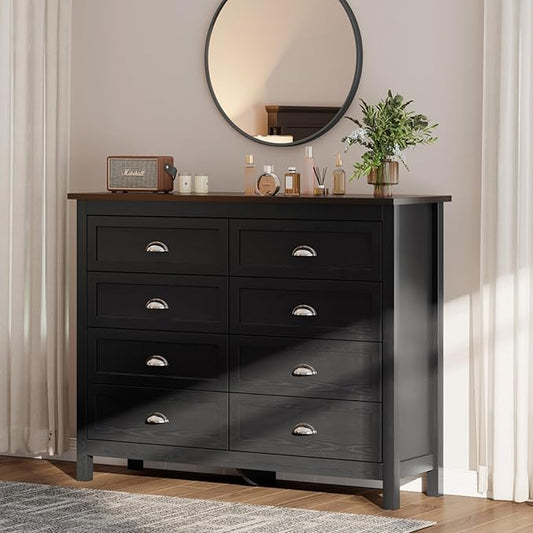 8 Drawer Dresser, Farmhouse Tall Dresser for Bedroom, Antique Black Chest of Drawers, Modern Double Dressers for Bedroom, Closet