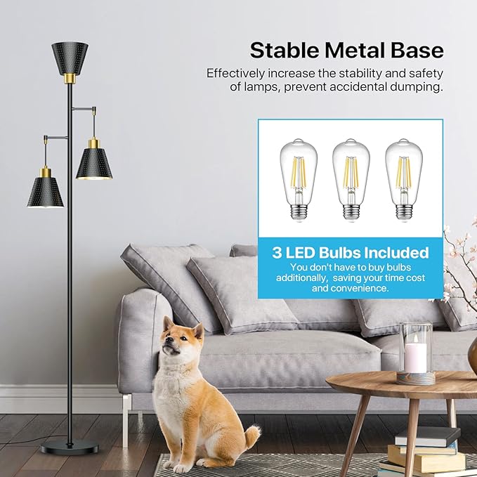 Black Floor Lamp with Cage Shade - 70" Standing Lamp for Living Room Corner - 3 LED Bulbs - Rustic Industrial Modern