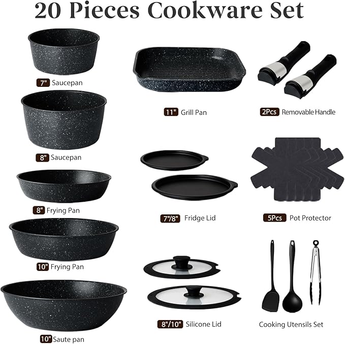 20 Pcs Pots and Pans Set Non Stick, Ceramic Cookware Set Detachable Handle, RV Kitchen Cooking Set Removeable Handles, Oven Safe, Induction Ready, Stackable Non-stick, Black