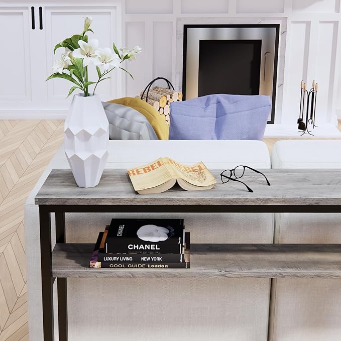 Narrow Console Table, 39.4” Sofa Table with Adjustable Shelf, 2-Tier Long Skinny Table for Hallway, Entryway, Living Room, Foyer, Grey