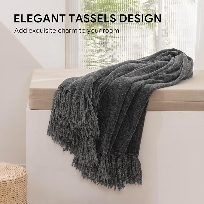 RECYCO Throw Blanket Soft Cozy Chenille Throw Blanket with Fringe Tassel for Couch Sofa Chair Bed Living Room Gift (Dark Gray, 50" x 60")