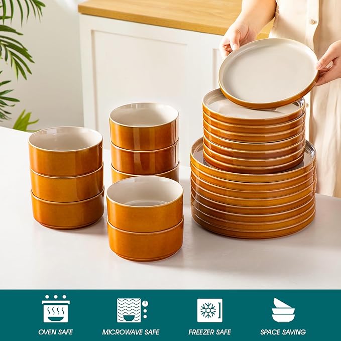 vancasso ONION Ceramic Plates and Bowls Sets, 24 Pieces Grey Dinnerware Sets for Kitchen, Reactive Glaze Dishes Set for 8, Dishwasher and Microwave Safe