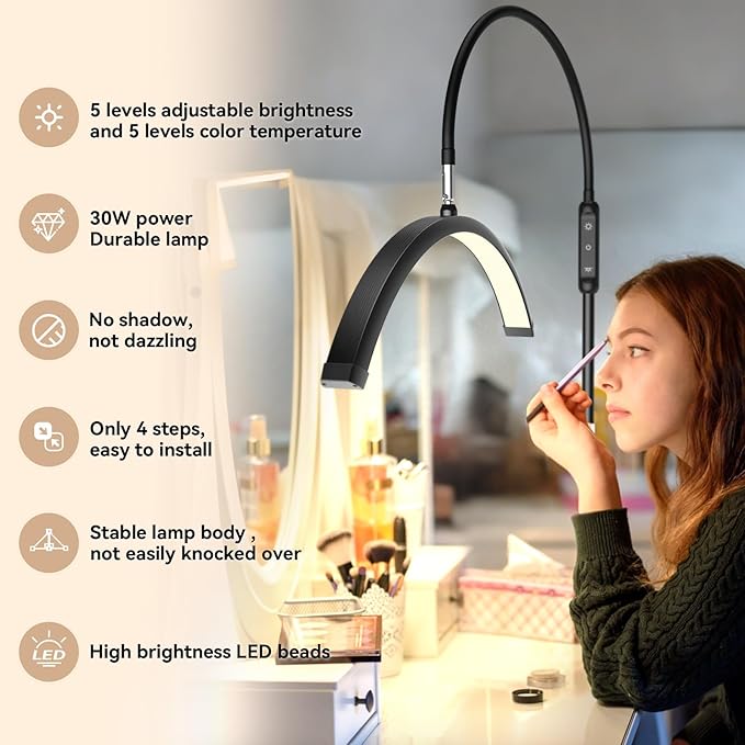 Lash Light for Eyelash Tech, Led Half Moon Light Floor Lamp for Eyelash Extensions, Tattoo, Esthetician Artists, Nail Art, Skincare, Adjustable Height, Dimmable Brightness, with Movable Tray