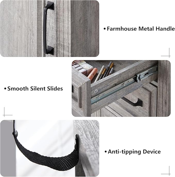 55'' Farmhouse Vanity Desk with Mirror and Lights, Large Makeup Table with Charging Station, Glass Tabletop & 5 Drawers, Rustic Dressing Table for Bedroom, Light Grey