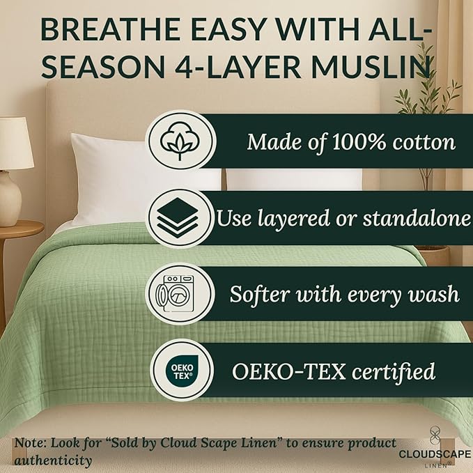 Soft 4 Layer Muslin Cotton Blankets Queen Size for Bed, 100% Cotton Blanket for All Season, Pre-Washed Gauze, Best Summer Blanket, 92x92, Seafoam Green