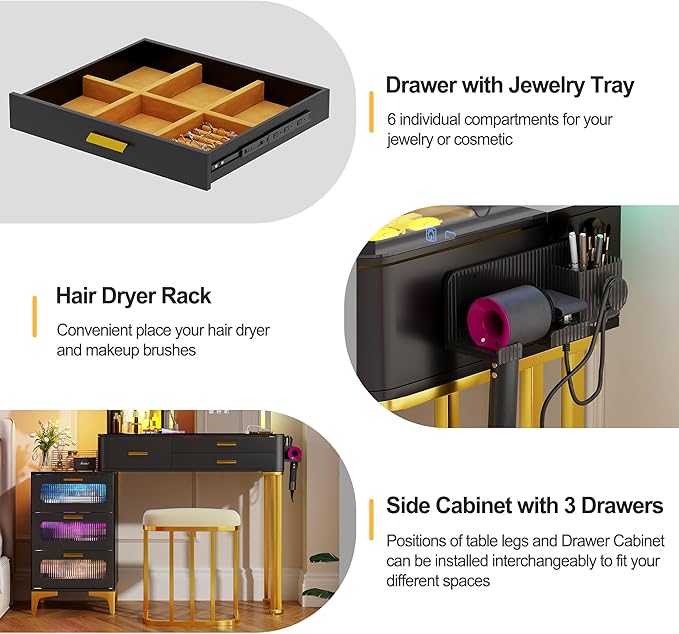 HNEBC Vanitys with HD Glass Display Table, Makeup Desk with Lighted Mirror and Charging Station, Dressing Table with RGB Lights,Jewelry Organizer,Cabinet,6Drawers,Chair for Women/Girls (Black)