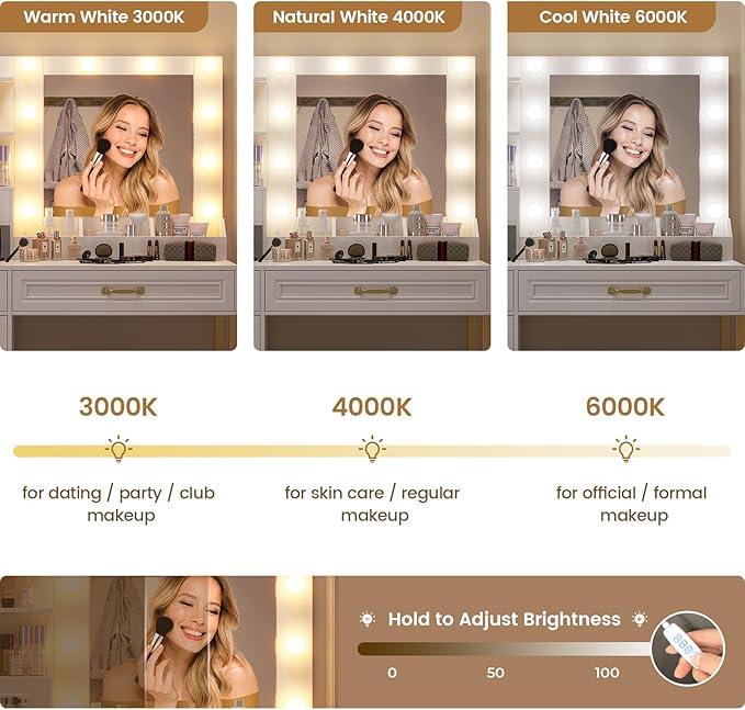 Vanity Desk with Mirror & Lights, Upholstered Stool & Power Outlet, Makeup Vanity Set with Glass Top Drawers, Shelves & Cabinets, Modern White & Gold