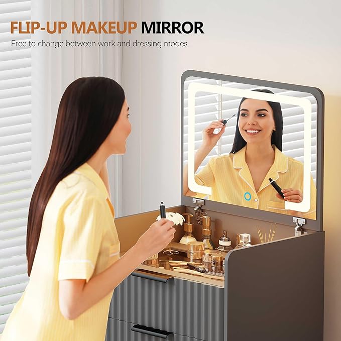 LED Compact Makeup Vanity with Flip Top Mirror, 3 in 1 Small Vanity Set with Glass Desktop, Mini Dressing Table with Storage Compartment and Cushioned Stool,3 Drawers, Bedroom Gray