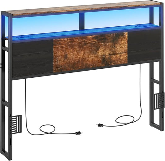 Full Size Headboard, Headboards with Charging Station, USB Port and LED Light, Head Board with 2-Tier Storage Shelf, Adjustable Height, Easy Assembly, Sturdy and Stable, Rustic Brown