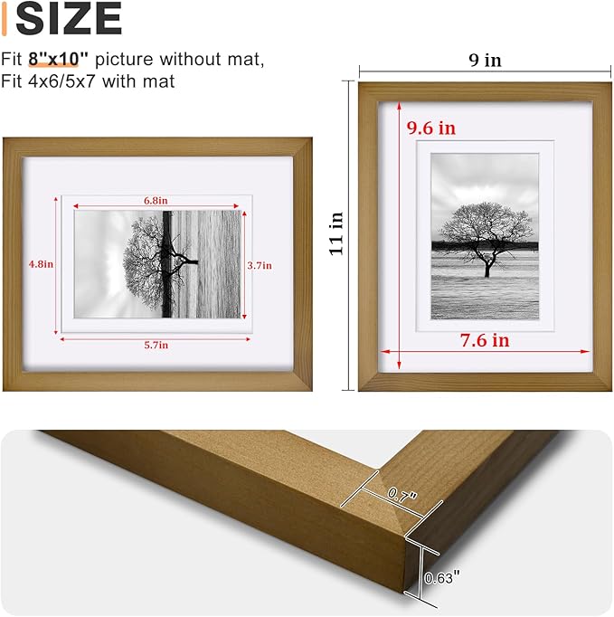 Egofine 8x10 Picture Frame Made of Solid Wood with Plexiglass, Display Pictures 4x6/5x7 with Mat or 8x10 without Mat, for Table Top and Wall Mounting Photo Frame, Light Brown