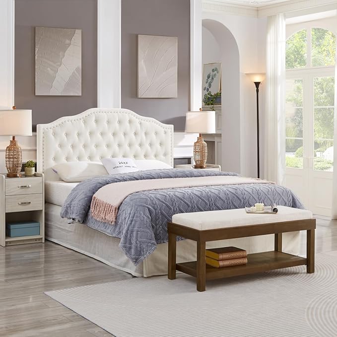 24KF Upholstered Button Tufted Queen Headboard with Nailhead Trim, Elegant Boucle Fabric Full headboard, 6031-Q-Boucle-Ivory