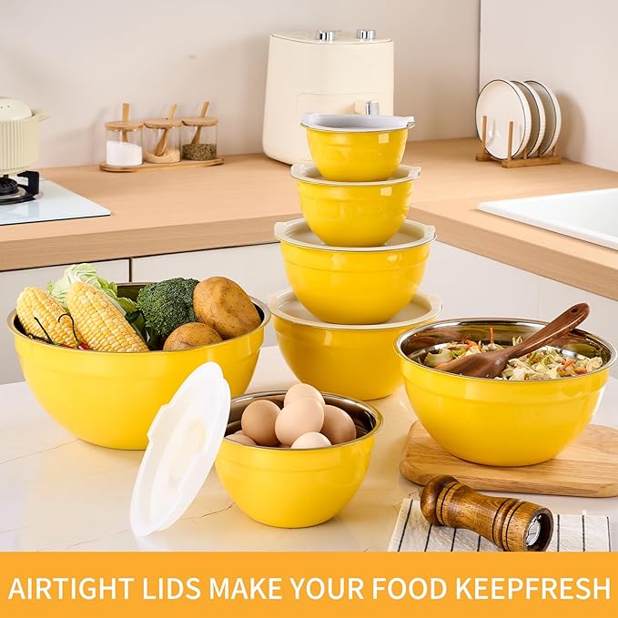Yellow Mixing Bowls with Airtight Lids, Stainless Steel Nesting Mixing Bowls Set of 7, Ideal for Baking, Prepping and Serving Food, Size 7, 3.6, 2.7, 2.1, 1.5, 1.1,0.8 QT, Stackable Design