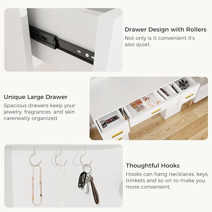 45” Vanity Desk with Mirror and Lights,10 Lights 3 Color Modes,Makeup Vanity Desk with 4 Storage Shelves 5 Drawers 1 Cabinet and Power Outlet,for Bedroom & Dressing Room,White vanitys