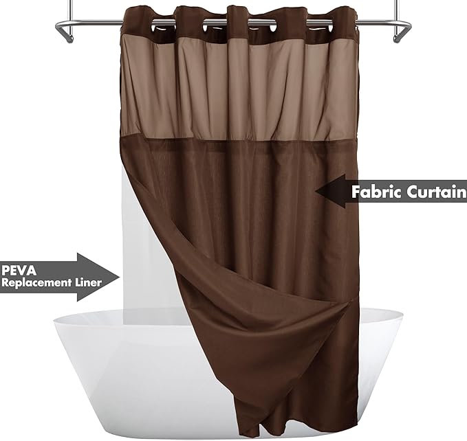 No Hook Slub Textured Shower Curtain with Snap-in PEVA Liner Set - 71" x 74"(72"), Hotel Style with See Through Top Window, Machine Washable & Water Repellent, Chocolate Brown, 71x74