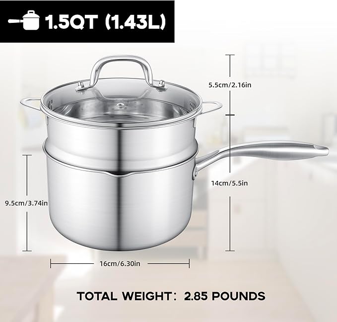 Leetaltree 1.5 Quart Stainless Steel Saucepan with Steamer Basket, Tri-ply Construction, Versatile Sauce Pan with Double-sized Drainage Lid - Perfect for Cooking Gravies. Pasta, Vegetable and More