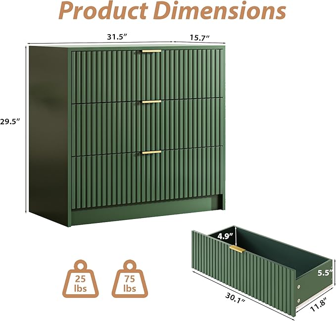 3-Piece Dresser Bedroom Set, 9 Drawer Dresser & 3 Drawer Nightstands with Gold Handles, Fluted Wood Chest of Drawers for Bedroom, Living Room, Entryway, Green