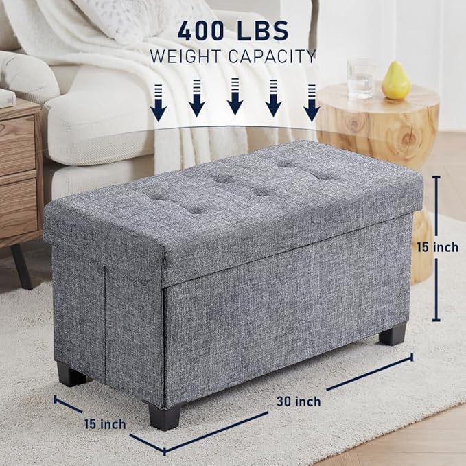 Ornavo Home 30 Inch Storage Ottoman, Large Storage Bench, Ottoman with Storage with Legs, Foot Rest Stool, Bedroom Bench - Gray