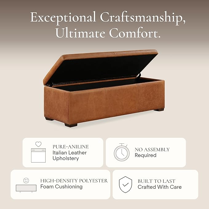 Poly & Bark Senja Storage Ottoman – 52" Large with Feather-Down Topper – Full-Grain Leather Upholstered Ottoman Box – Bench or Bedroom Storage – Vintage Italian Leather in Cognac Tan