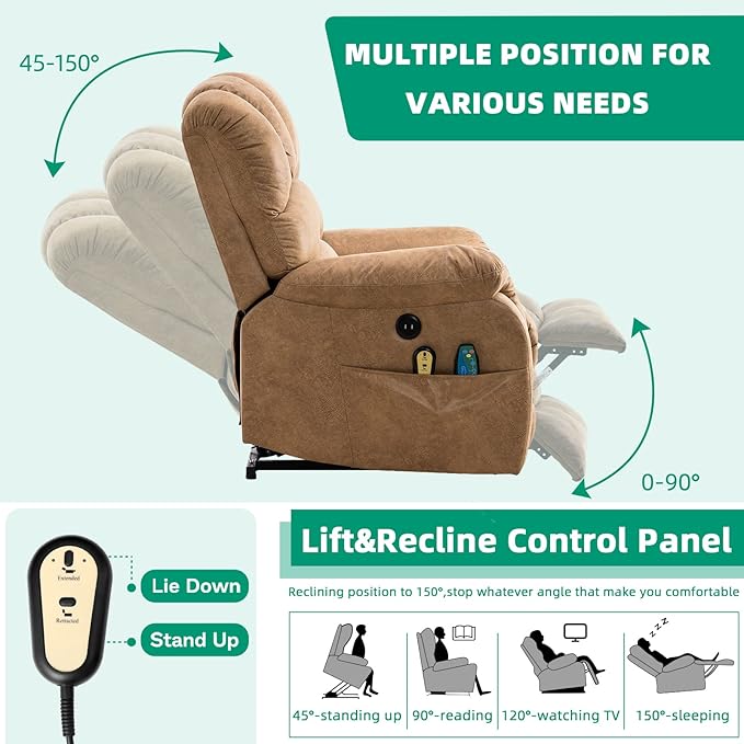 VIVIJASON Large Power Lift Chair Electric Recliner with Heat & Massage for Elderly Big People, Heavy Duty and Safety Motion Wide Recliners with 2 Remote Controls, Side Pockets & USB Ports, Sand