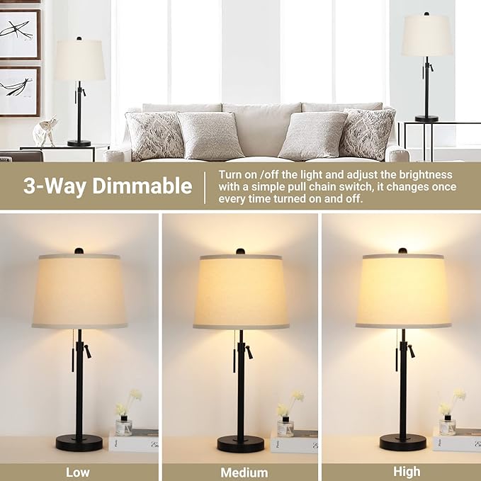 Bedside Table Lamps Set of 2: Tall Black Table Lamps for Living Room End Table | Height Adjustable 3-Way Dimmable Nightstand Lamp with Pull Chain Switch Modern Lamps for Bedroom Office(Bulbs Included)