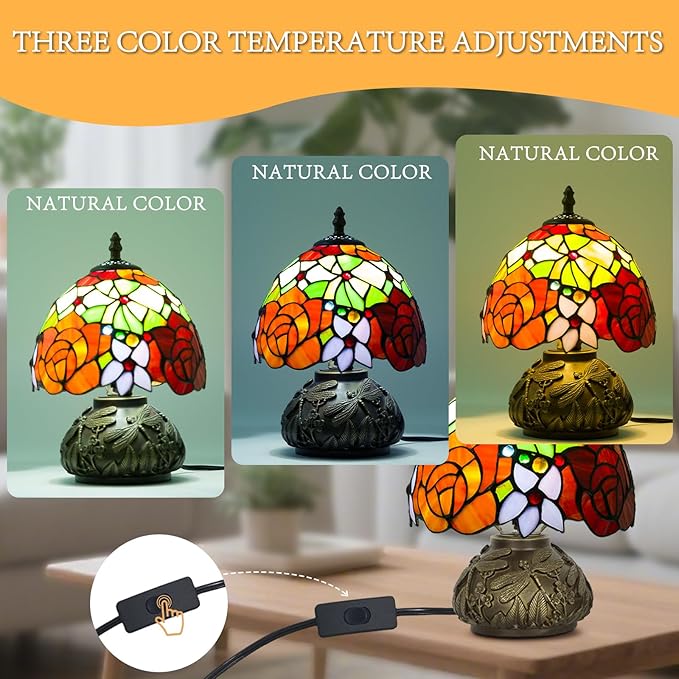 Small Tiffany Stained Glass Lamp, 3 Color Temperatures Bedside Lamp, 8 Inch Mushroom Desk Light for Bedroom Living Room Office Home Decor (Two-Color Rose)