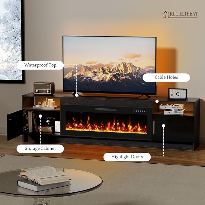 80'' TV Stand with 42''Fireplace-Black Entertainment Center for 90 inch TV- TV Cabinet with LED Light, Storage, High Glossy Door, Modern TV Console for Living Room