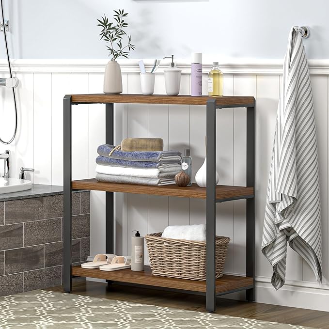 FOLUBAN Small Bookshelf and Bookcase, 3 Tier Low Short Book Shelf, Industrial Metal and Wood Book Case for Living Room Bedroom, Rustic Walnut