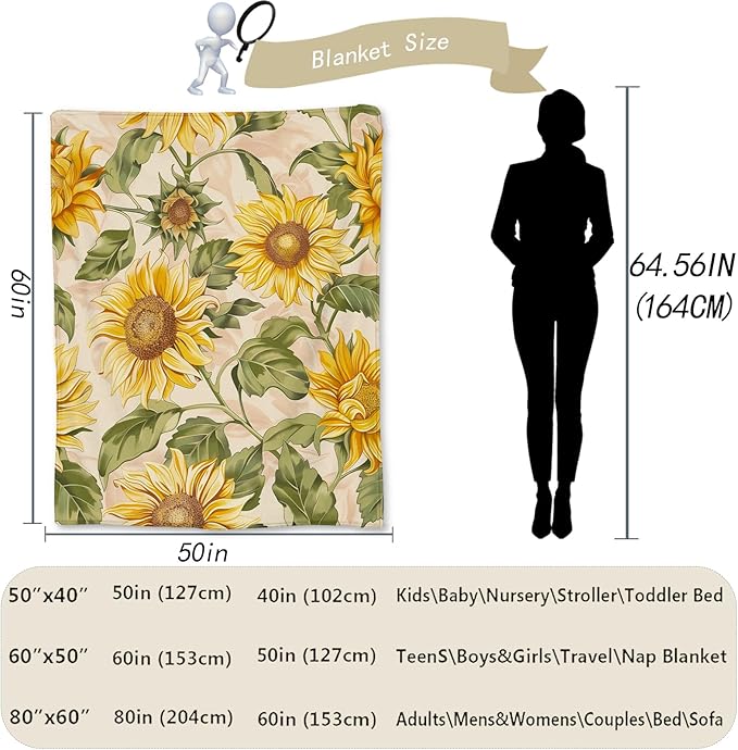 Beautiful Sunflower Blanket - Ultra Soft, Fluffy, Lightweight Flannel Throw Blankets for Couch, Bed, Travel, Outdoor - Cozy, Fuzzy Home Decor, for Adults Kids Women Girls 50×40 in