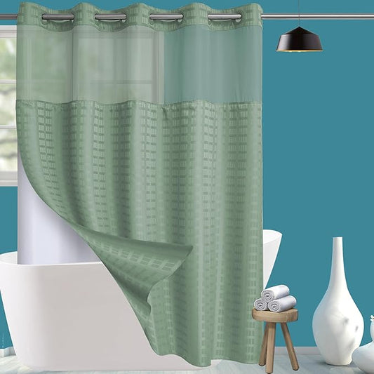 Conbo Mio No Hook Sage Green Shower Curtain with Snap in Liner Set, Hotel Luxury Shower Curtains for Bathroom with See Through Top Window, Waterproof, Washable 71W x 74H