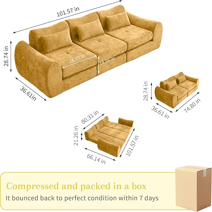 MAXMAXX 102" Modular Sectional Cloud Sofa,4-in-1 Folding Convertible Sofa Bed, Floor Boneless Couch, Modular Cushion Couch,Suitable for Living Room,Bedroom and Recreation Room (Yellow)