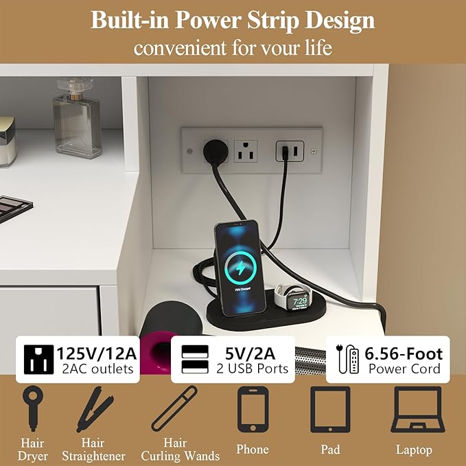Loomie Vanity Desk with Lighted Mirror & Power Outlet, Makeup Table with 5 Drawers, Two Cubby & Shelf, Vanity Dresser with 11 Lights in 3 Lighting Colors for Bathroom, Bedroom,Makeup Room,White