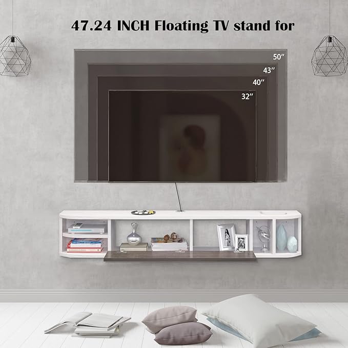Pmnianhua Floating TV Stand,47'' Under TV Shelf,Floating TV Console,Wall Mounted TV Cabinet,Floating Entertainment Center with Storage for Bedroom Living Room(Gray-White)