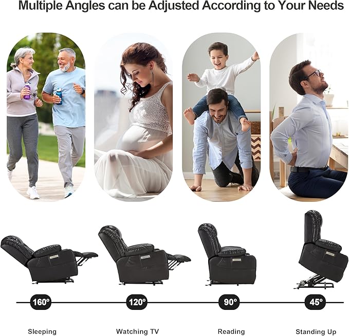 Power Lift Recliner Leather Chair Sofa with Massage & Heat, Lazy Boy Chair with Cup Holders, USB & Type-C Ports, Remote Control (Black)