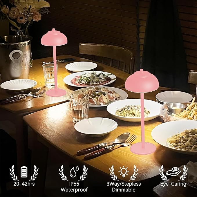 Pink Table Lamp Set of 2 Rechargeable,Table Lights Battery Operated-IP65 Waterproof-for Outdoor Patio/Restaurants/Home/Dinner/Table Lighting-Touch Control & Dimmable