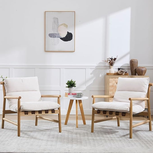 Mid-Century Modern Accent Chair Set of 2 - Solid Wood Lounge Chair with Removable Chenille Cushion, Low Back Reading Chair for Living Room/Bedroom/Balcony, Beige Sofa Chair (Easy Assembly)