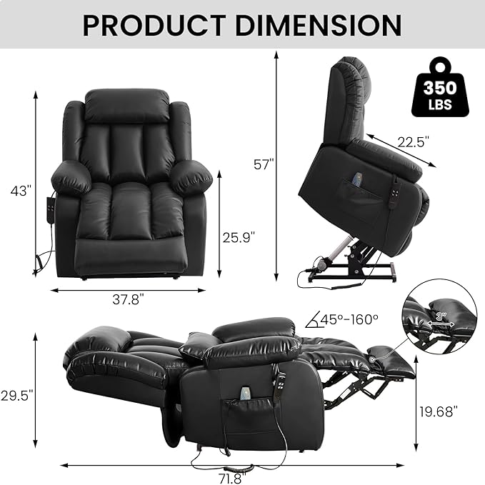 TEKAMON Power Lift Recliner Chair for Elderly with Heat & Massage, Dual Motor Breathable Leather Recliner, Lay Flat Sleeping Chairs with Infinite Position, RemoteControl (Black, Extended)