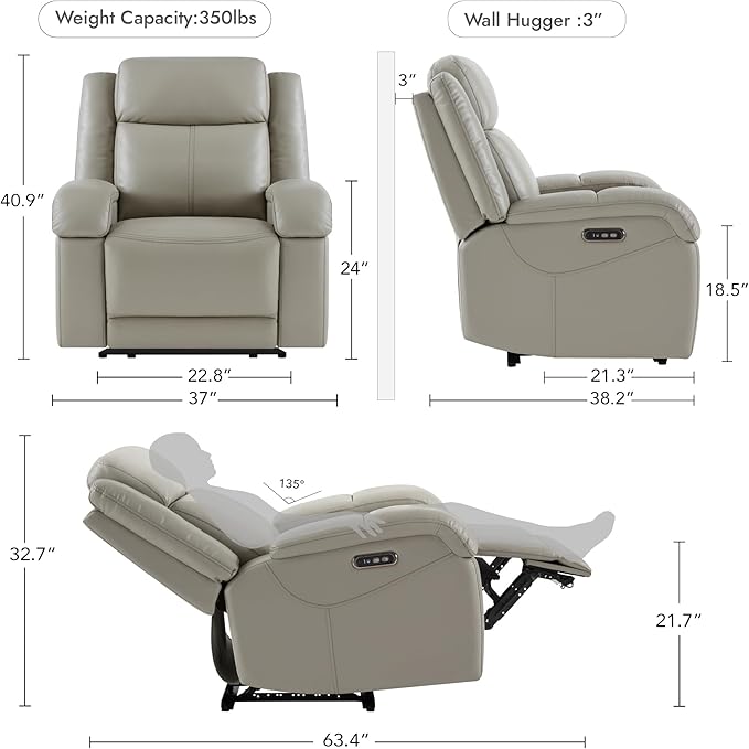 Watson & Whitely Genuine Leather Power Recliner Chairs for Adults, Wall Hugger RV Recliner with Power Headrest & Charging Ports, Electric Recliner Sofa Chair for Living Room, Grey