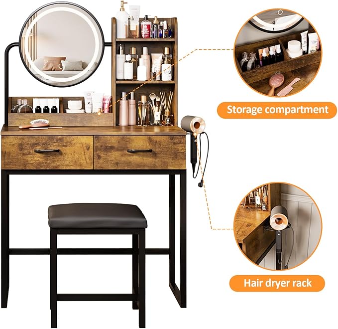 Makeup Vanity Desk with Round Mirror and Lights, White Vanity Makeup Table with 2 Drawers, Small Vanity Table for Bedroom with Lots Storage (Brown and Black, 15.75 * 31.5 * 53.6in)