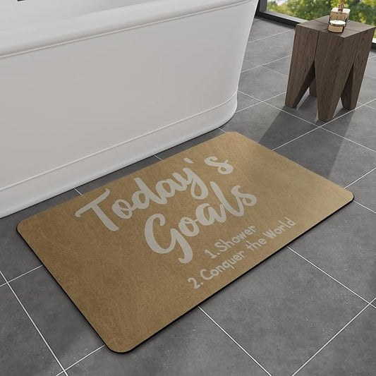 MontVoo -Bath Mat Rug- Non Slip Quick Dry Absorbent Thin Bathroom Rugs Fit Under Door-Faux Suede Surface Bathroom Floor Mats-Shower Rug for in Front of Bathtub Shower 16"X24" Camel Text Pattern