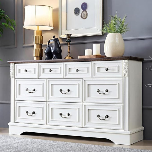BLANKSPACE Farmhouse Dresser for Bedroom, 10 Chest of Drawers Antique White Cabinet Organizer with Carved Design for Living Room