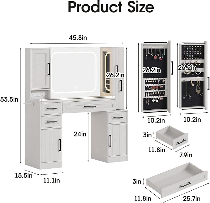 Maupvit Makeup Vanity with Lighted Mirror & Power Strip, Large Vanity Desk with Sliding Jewelry Storage Shelves, 4 Drawers, 3 Cabinets & Hairdryer Rack, 3 Lighting Modes, Bedroom Dressing Table,White