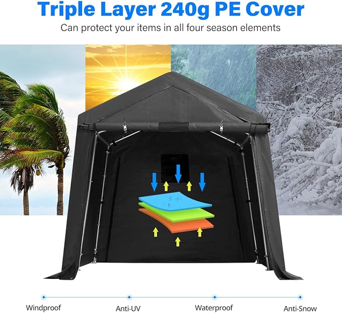 ADVANCE OUTDOOR 8x8 ft Storage Tent with 2 Roll up Doors & Vents Outdoor Portable Shelter Shed Garage Tent Carport for Motorcycle ATV Anti-UV Snow Resistant, Gray